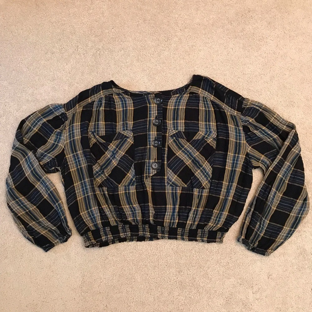 Free People Plaid Crop Top Size L Black Blue Tan Boho Prairie Country Girl Fall